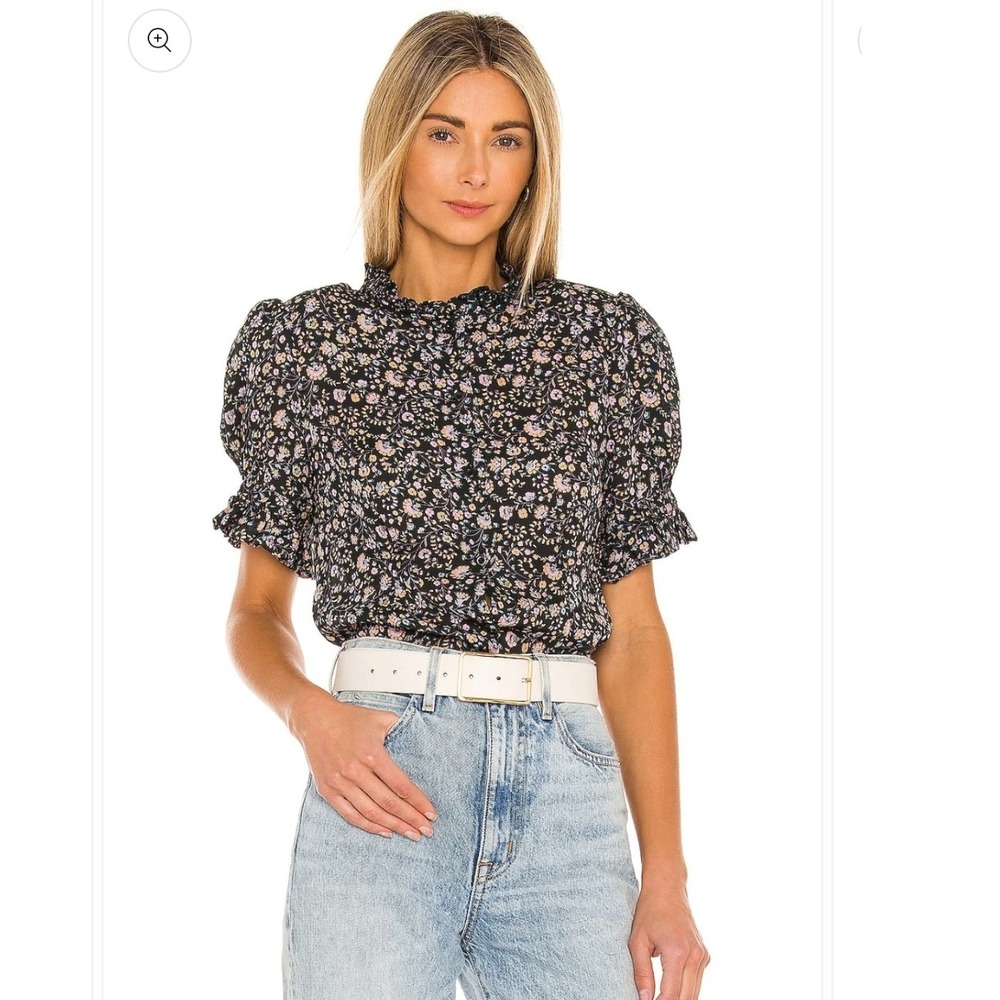 Selkie Blouse The Bistro Blouse S Spirit Black Floral Puff Sleeve Ruffle Trim
